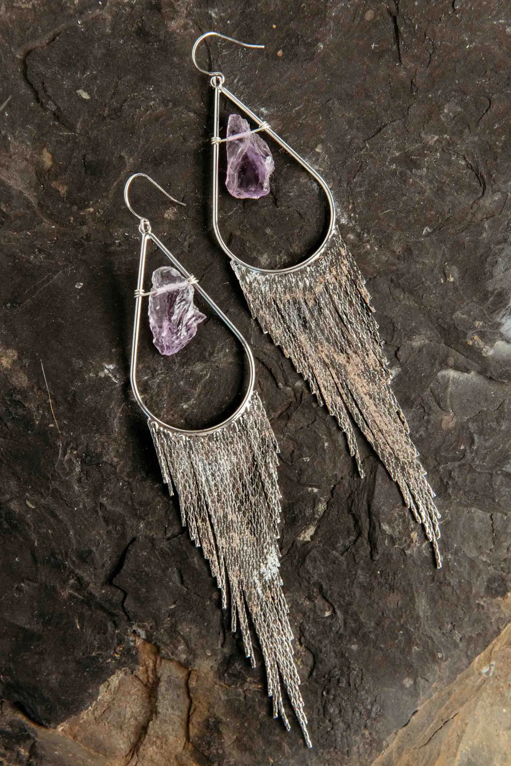 Intuition Amethyst Crystal Silver Fringe Earrings