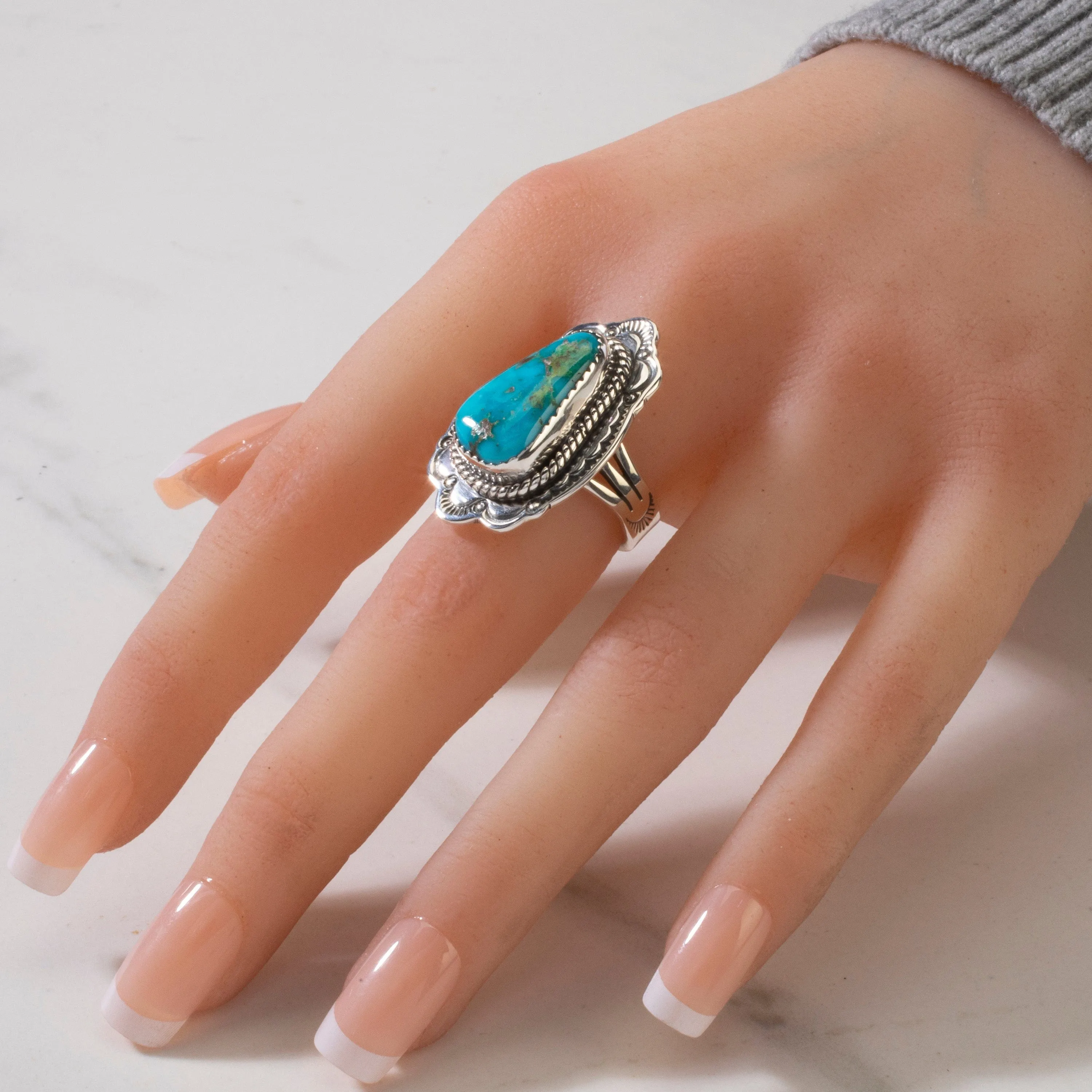 Joe Piaso Jr.  King Manassa Turquoise Navajo USA Native American Made 925 Sterling Silver Ring