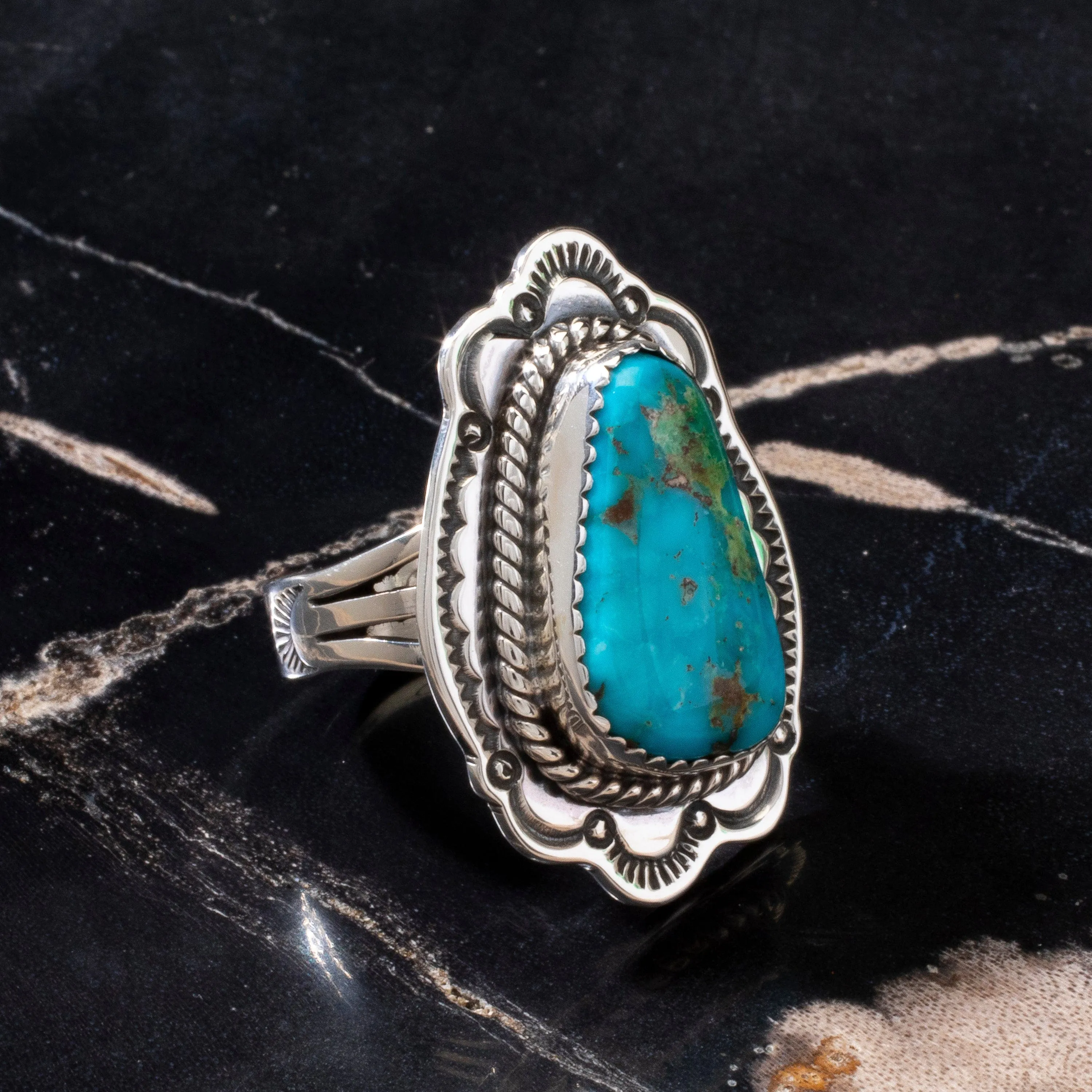 Joe Piaso Jr.  King Manassa Turquoise Navajo USA Native American Made 925 Sterling Silver Ring