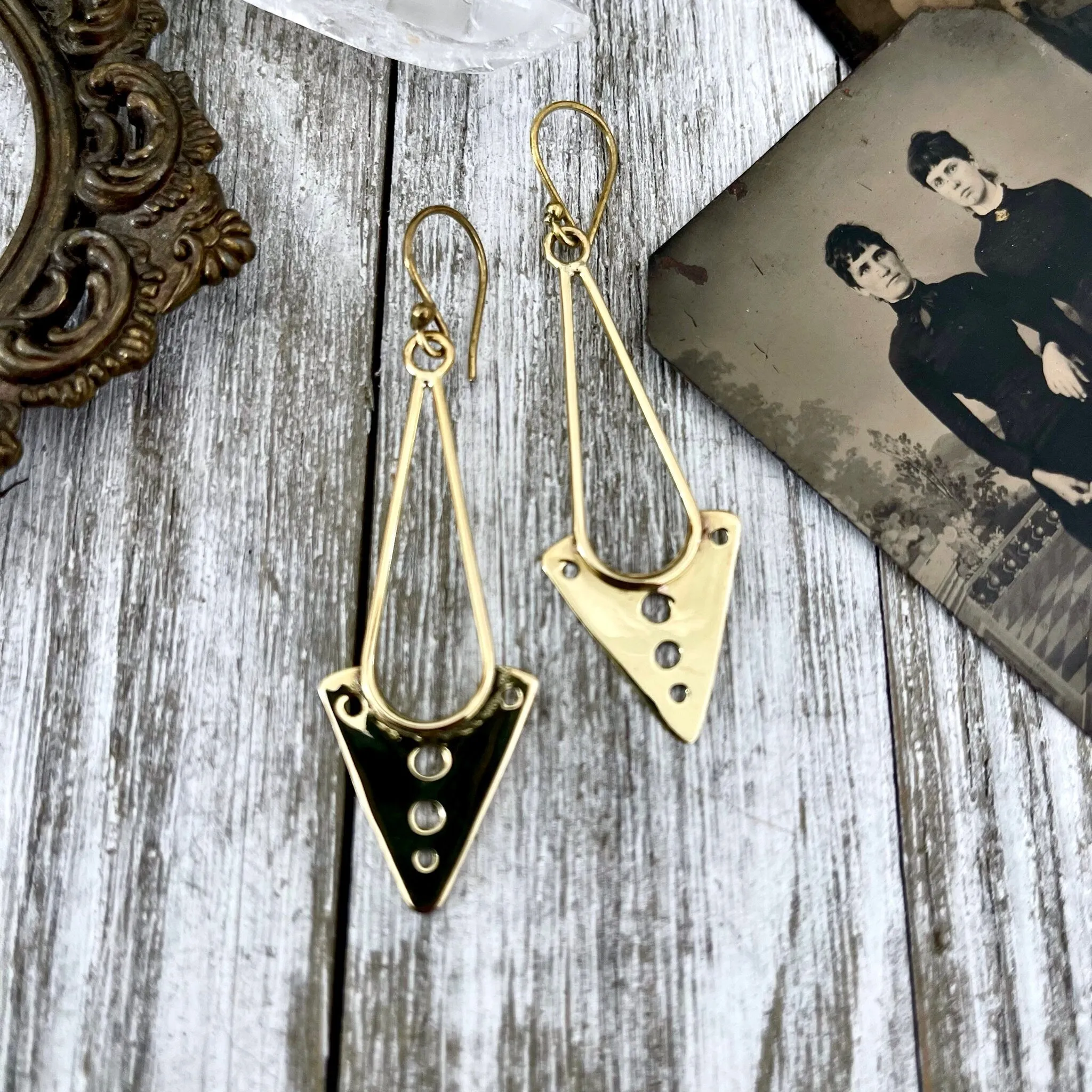 Long Brass Decorated Geometric Earrings