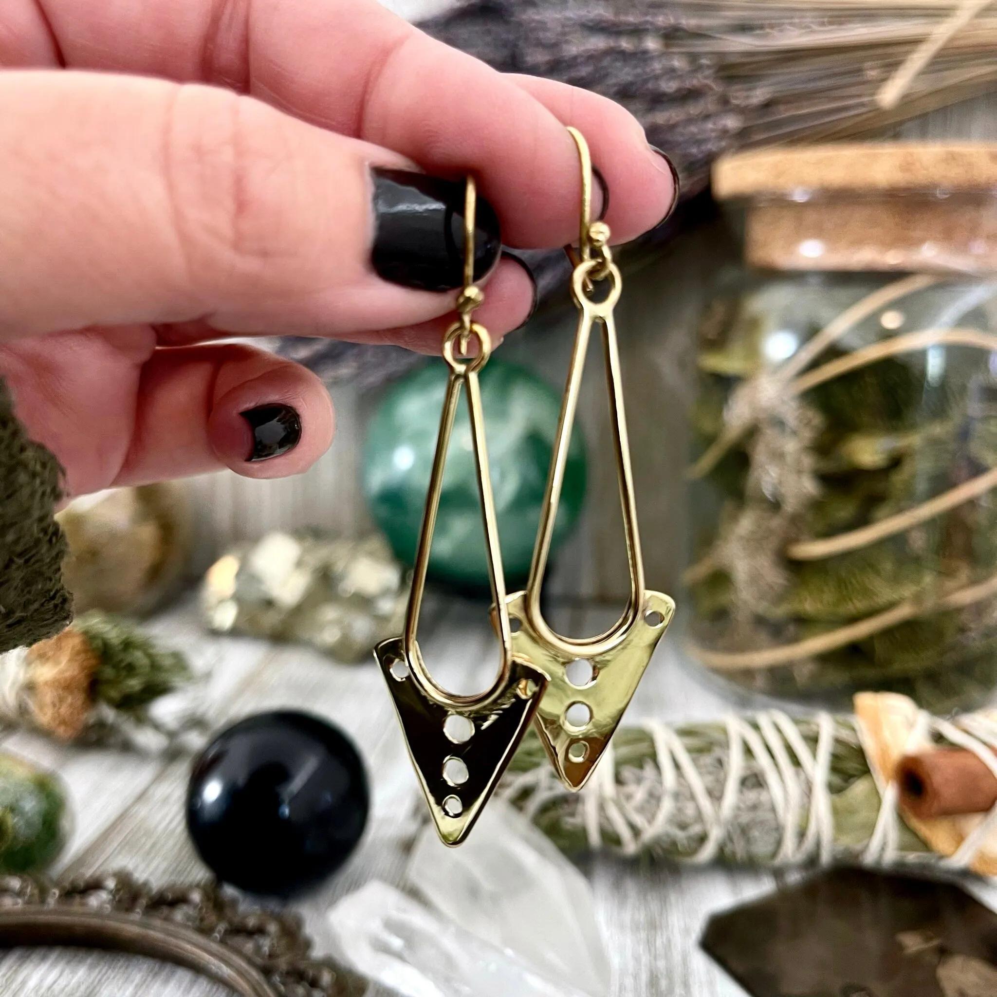 Long Brass Decorated Geometric Earrings