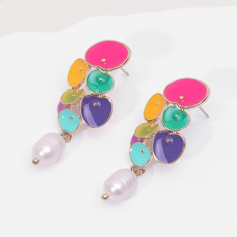 Long Colorful Enamel Geometric Pearl Drop Earrings