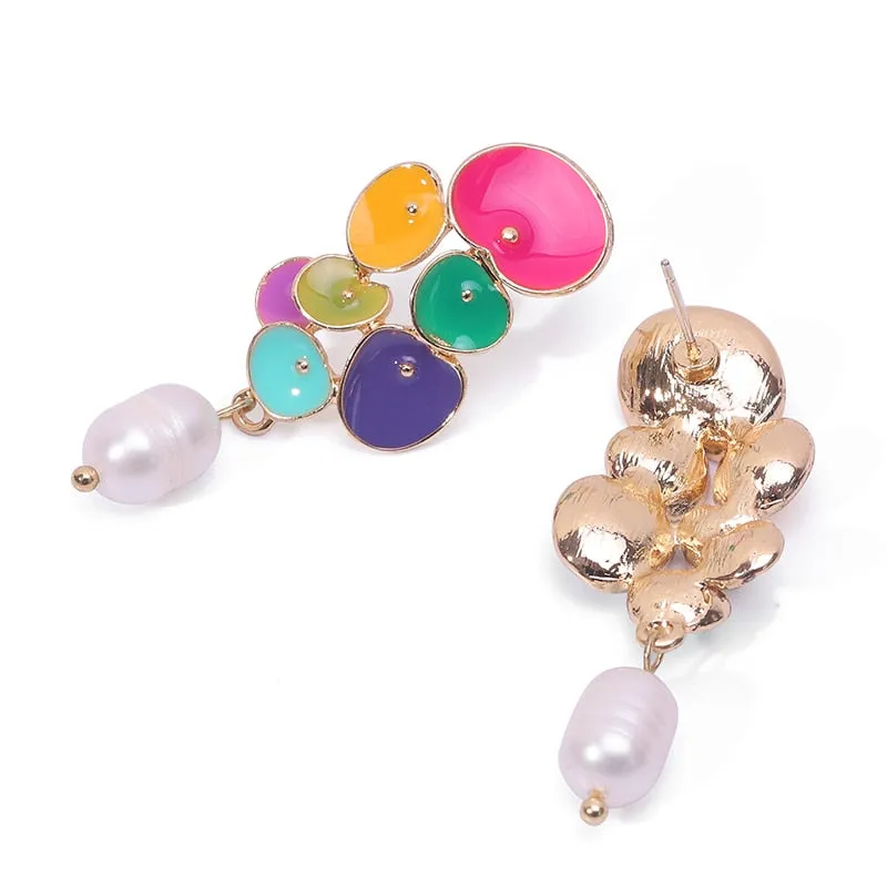 Long Colorful Enamel Geometric Pearl Drop Earrings