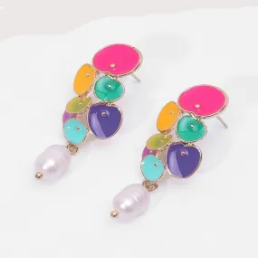 Long Colorful Enamel Geometric Pearl Drop Earrings