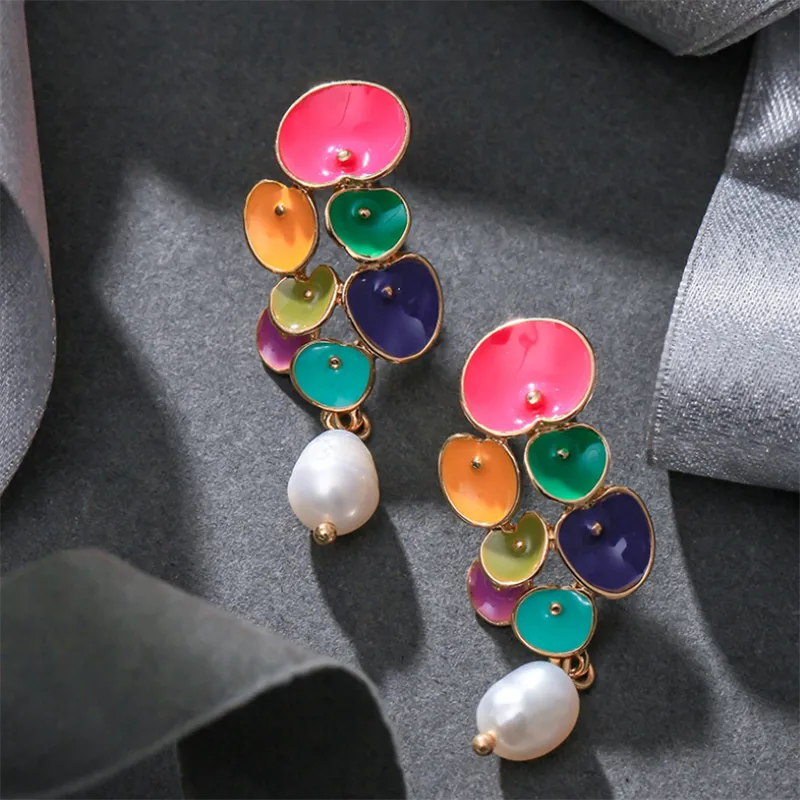 Long Colorful Enamel Geometric Pearl Drop Earrings