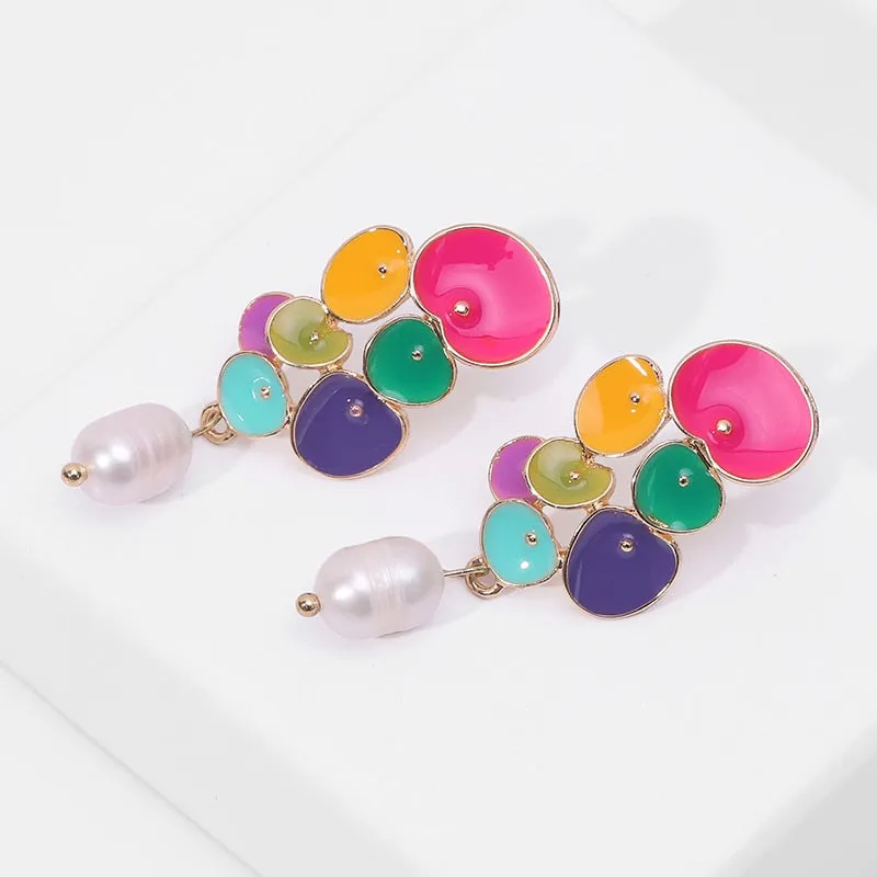 Long Colorful Enamel Geometric Pearl Drop Earrings