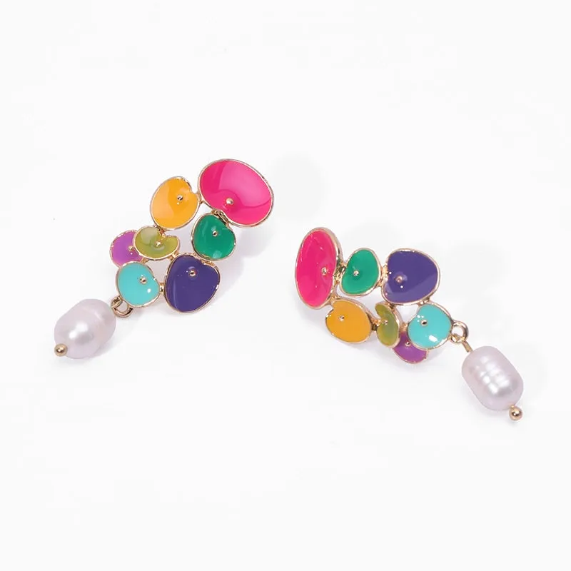 Long Colorful Enamel Geometric Pearl Drop Earrings