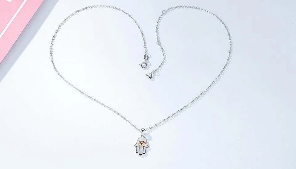 Lucky Hamsa Hand with Rose Gold Heart 925 Sterling Silver Pendant Necklace