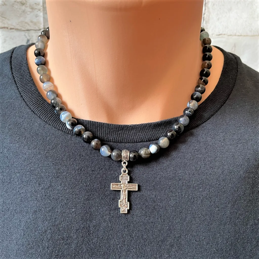 Mens Black Line Agate Beaded Necklace with Silver Cross of Jesus