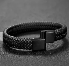 Men's Magnetic Leather braided Bracelet with Stainless Steel Clasp 3 Sizes - Black with Black Clasp