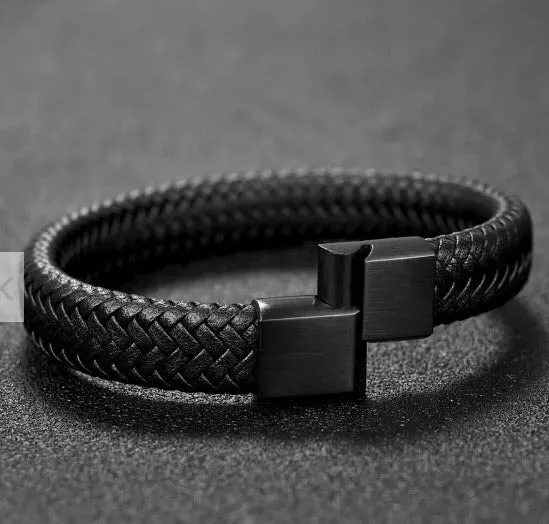 Men's Magnetic Leather braided Bracelet with Stainless Steel Clasp 3 Sizes - Black with Black Clasp