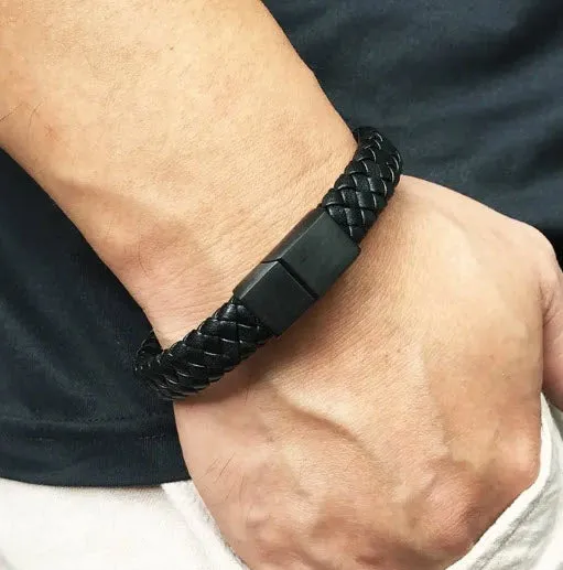 Men's Magnetic Leather braided Bracelet with Stainless Steel Clasp 3 Sizes - Black with Black Clasp