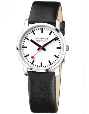 Mondaine Ladies Simply Elegant Watch - Black Leather Strap - White Dial - 30M WR