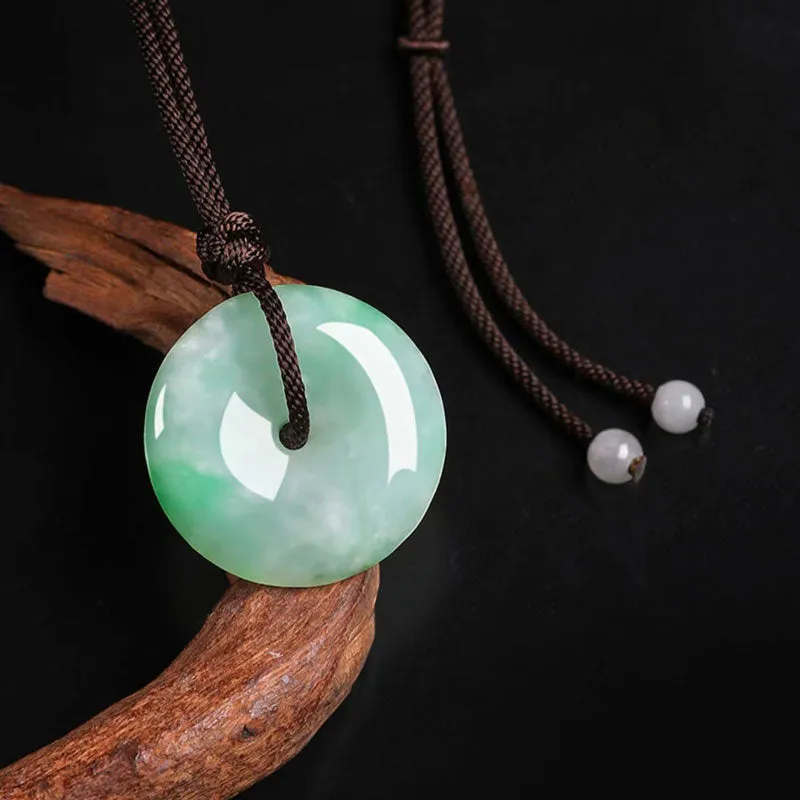 Moss in Snow Natural Ice Jadeite Jade Chinese「Ping An Kou」Pendant Necklace for Women and Men