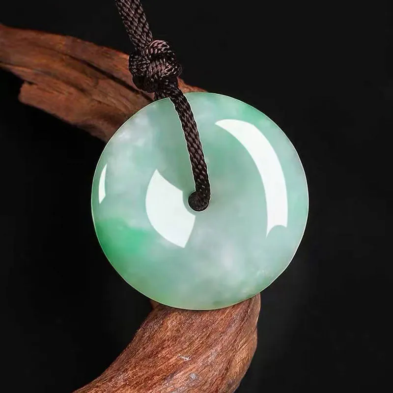 Moss in Snow Natural Ice Jadeite Jade Chinese「Ping An Kou」Pendant Necklace for Women and Men