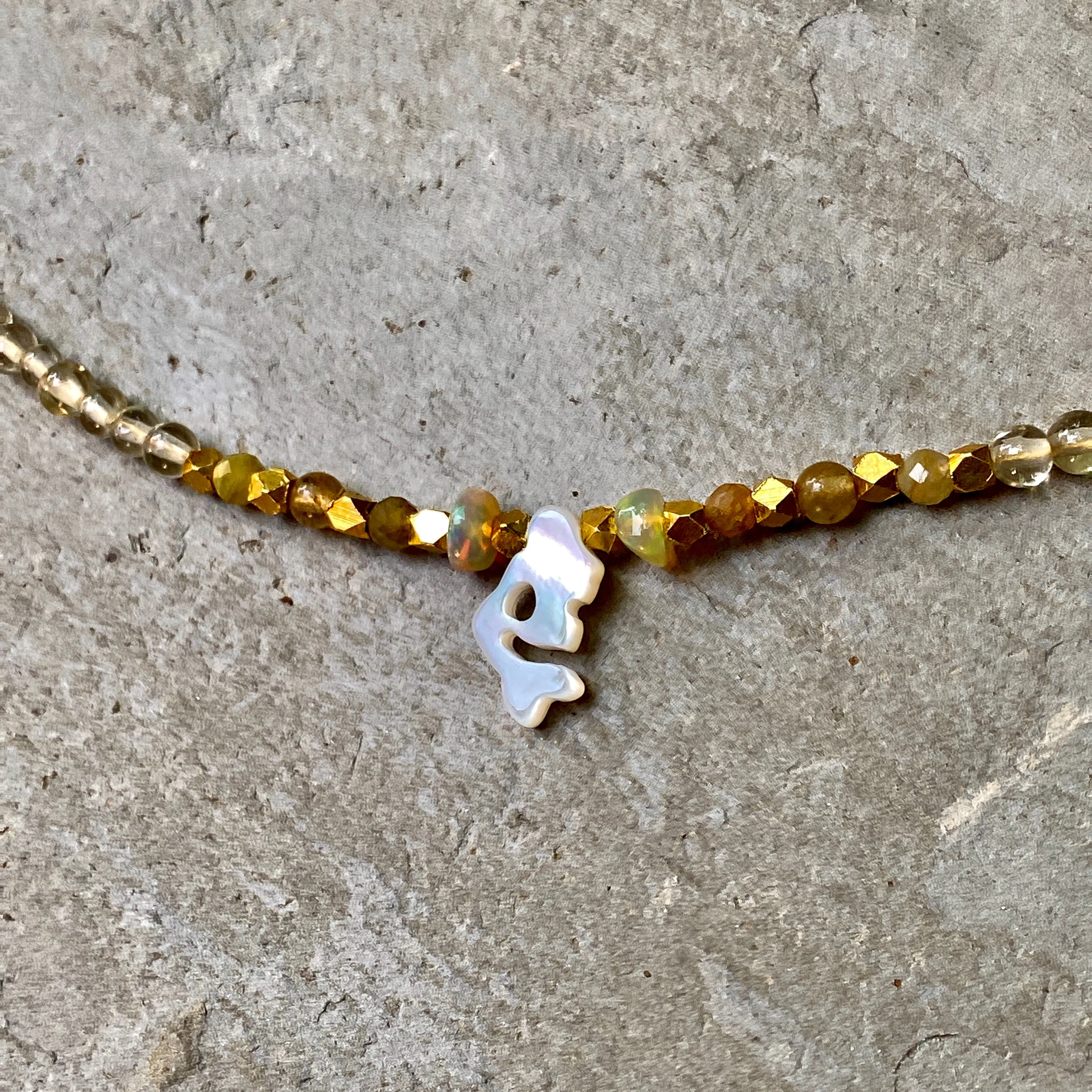 Mother of Pearl Mermaid choker with lemon Quartz, tourmaline and Ethiopian Fire Opals