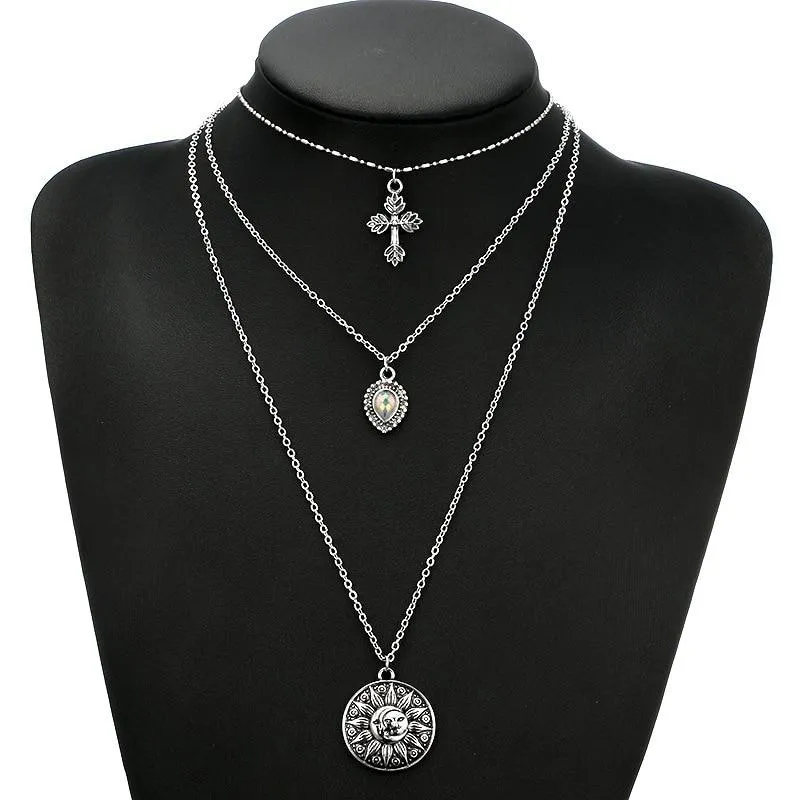 Multi-layer Antique Silver Necklace with 3 Symbolic Pendants