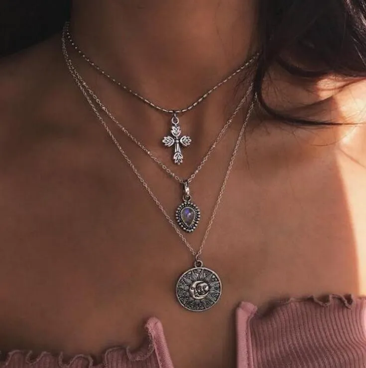 Multi-layer Antique Silver Necklace with 3 Symbolic Pendants