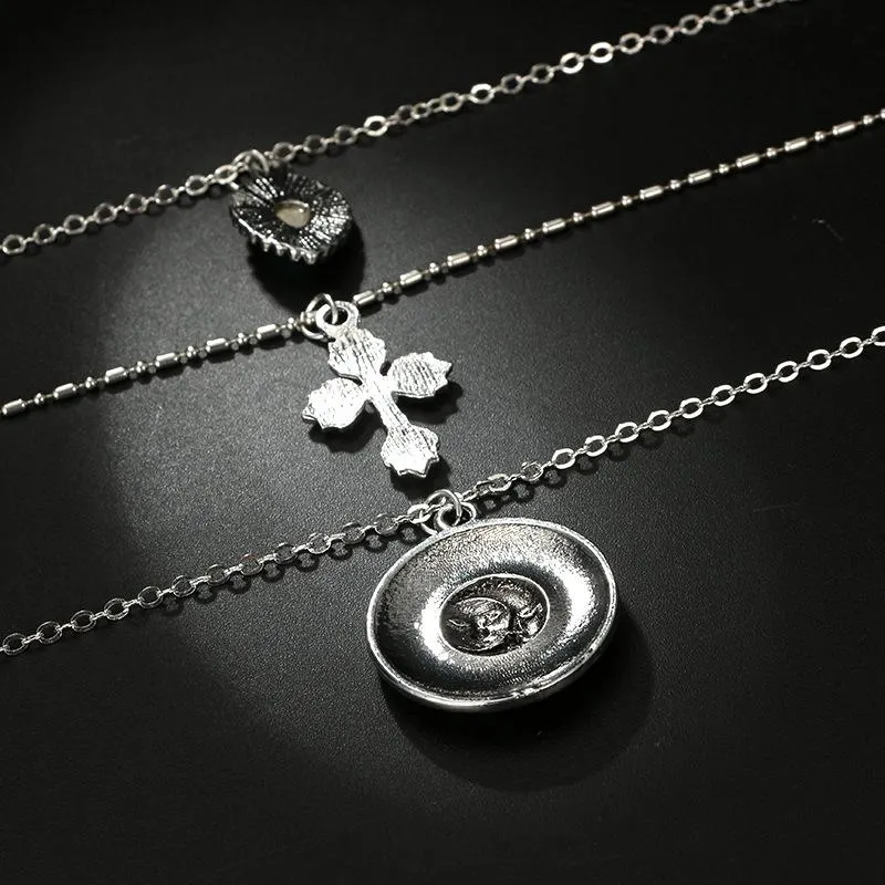 Multi-layer Antique Silver Necklace with 3 Symbolic Pendants