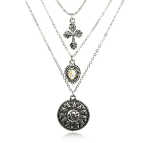 Multi-layer Antique Silver Necklace with 3 Symbolic Pendants