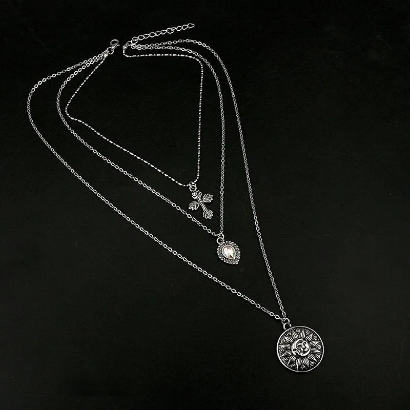 Multi-layer Antique Silver Necklace with 3 Symbolic Pendants