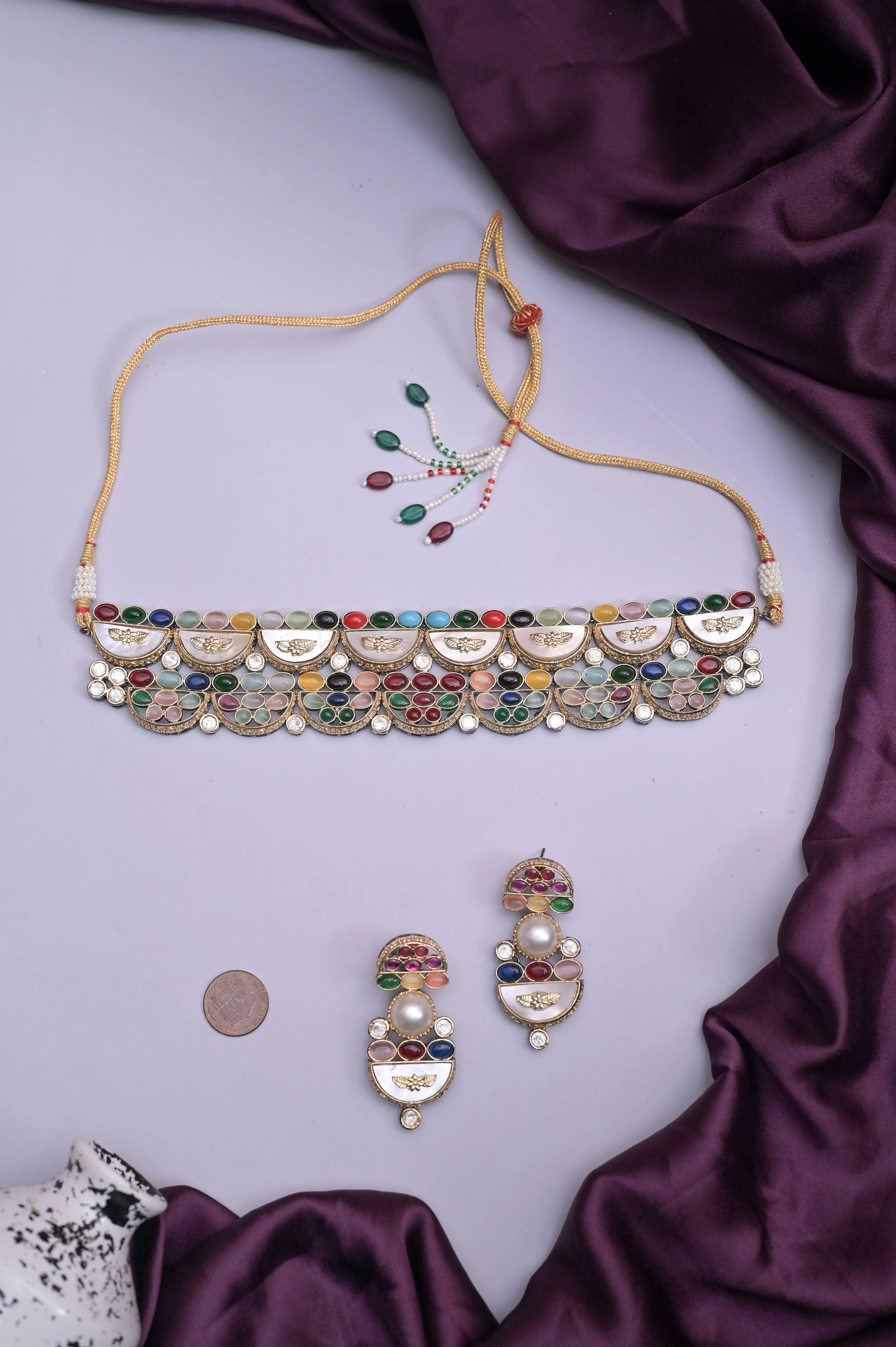 Multicolored Choker Necklace Set with Monalisa Stonework and AD Stone