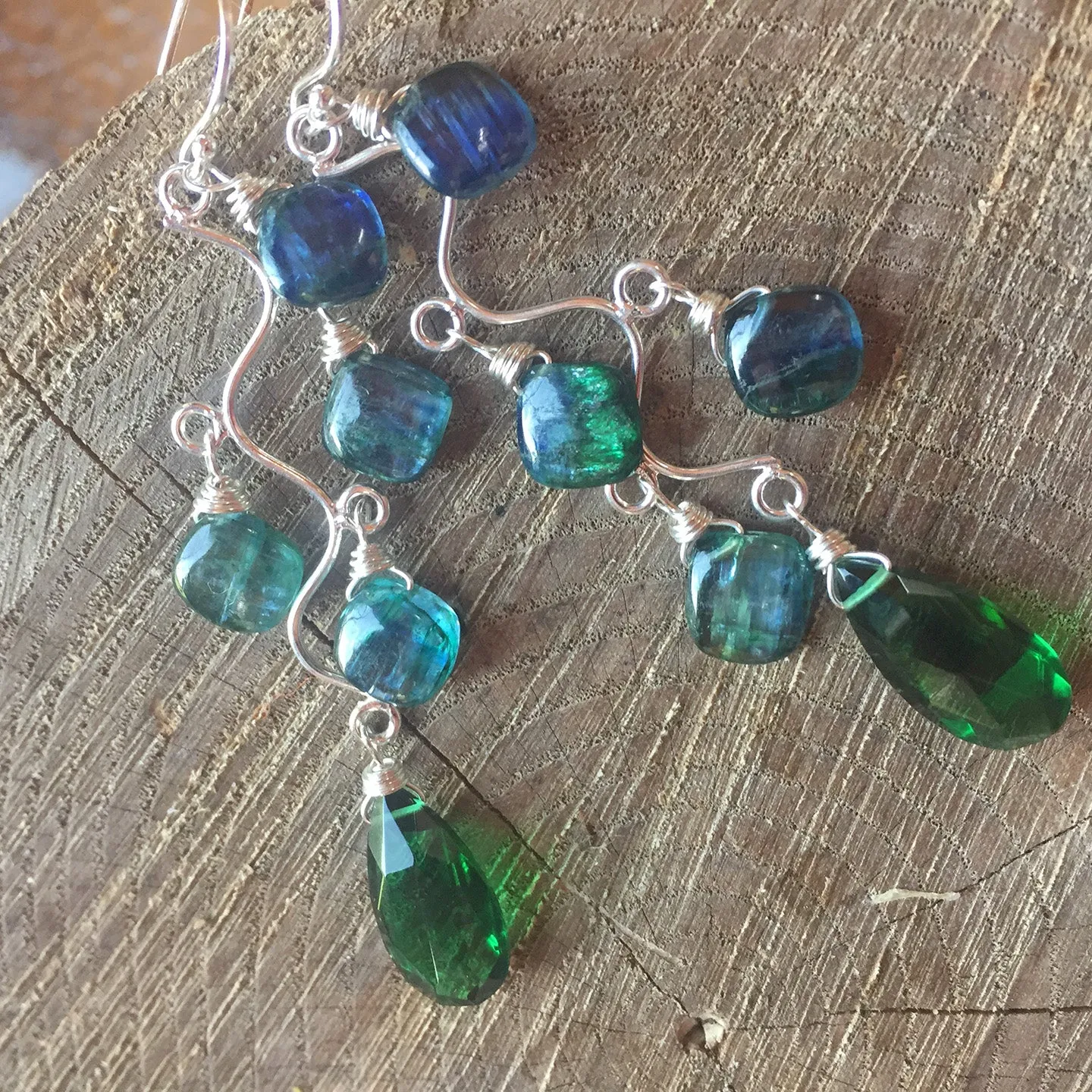 Mystic Kyanite and Emerald Vine Earrings