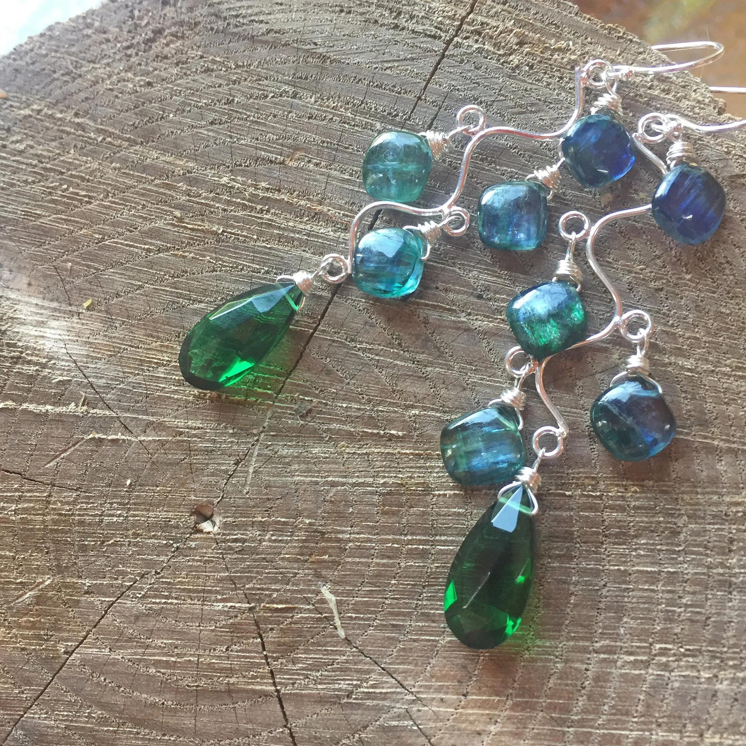 Mystic Kyanite and Emerald Vine Earrings