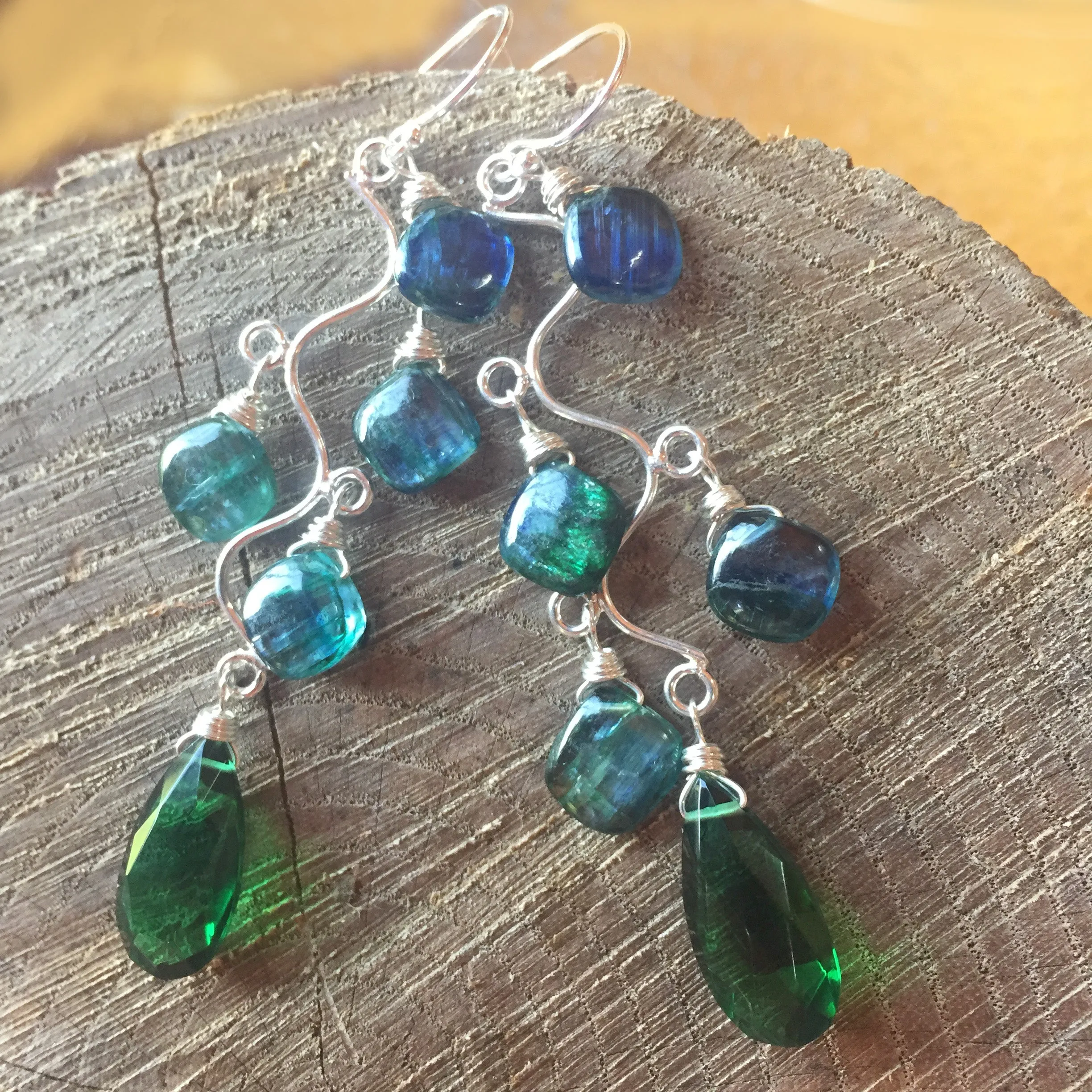 Mystic Kyanite and Emerald Vine Earrings