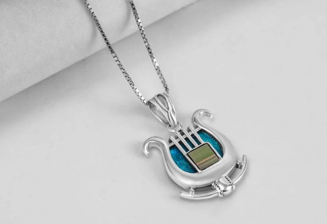 Nano Sim Old Bible Silver Pendant David's Harp with Roman Glass