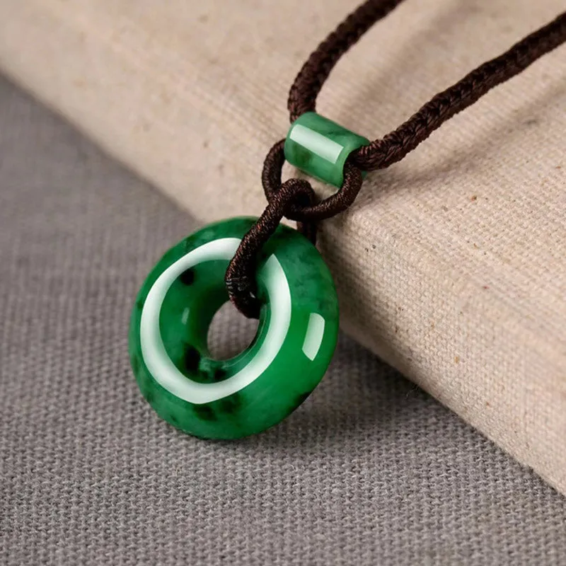 Natural Emerald Green Ice Jadeite Jade Chinese「Ping An Kou」Pendant Necklace for Women and Men