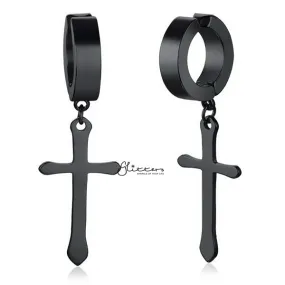 Non-Pierced Stainless Steel Clip On Cross Dangle Hoop Earrings - Black