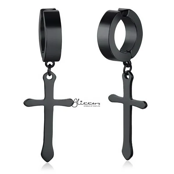 Non-Pierced Stainless Steel Clip On Cross Dangle Hoop Earrings - Black