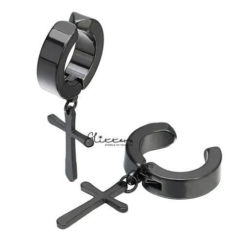 Non-Pierced Stainless Steel Clip On Cross Dangle Hoop Earrings - Black