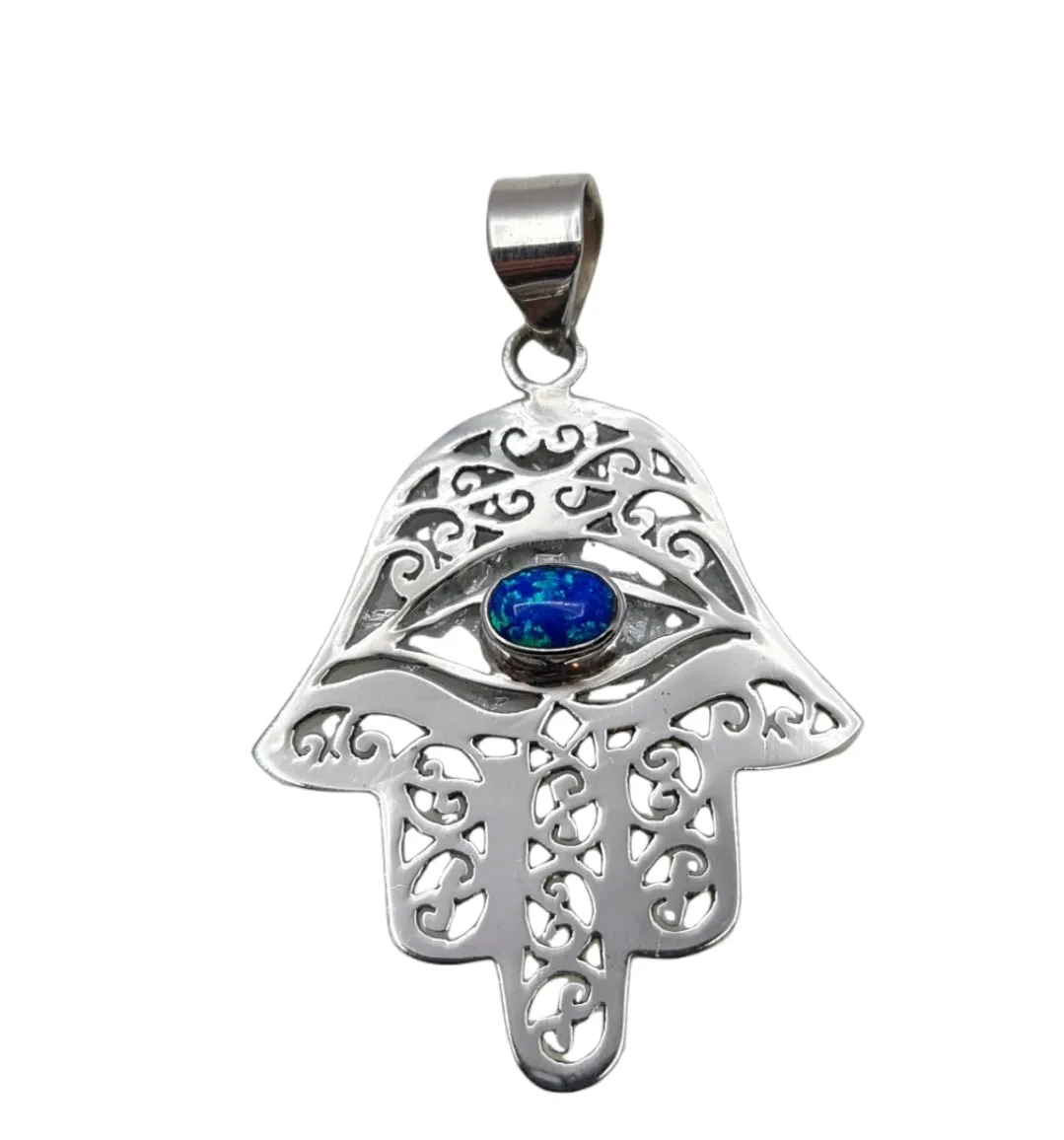 Opal look Hamsa Hand of Fatima XL pendant necklace