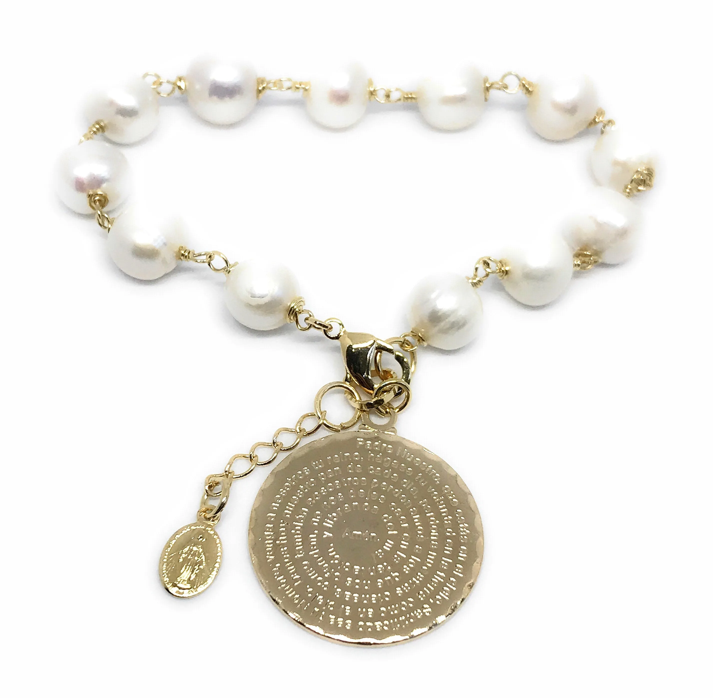 Our Father Prayer Bracelet, Pearls Bracelet gold plated pendant, Lords Prayer, Pulsera Oracion Padre Nuestro, catholic gift, religious medal