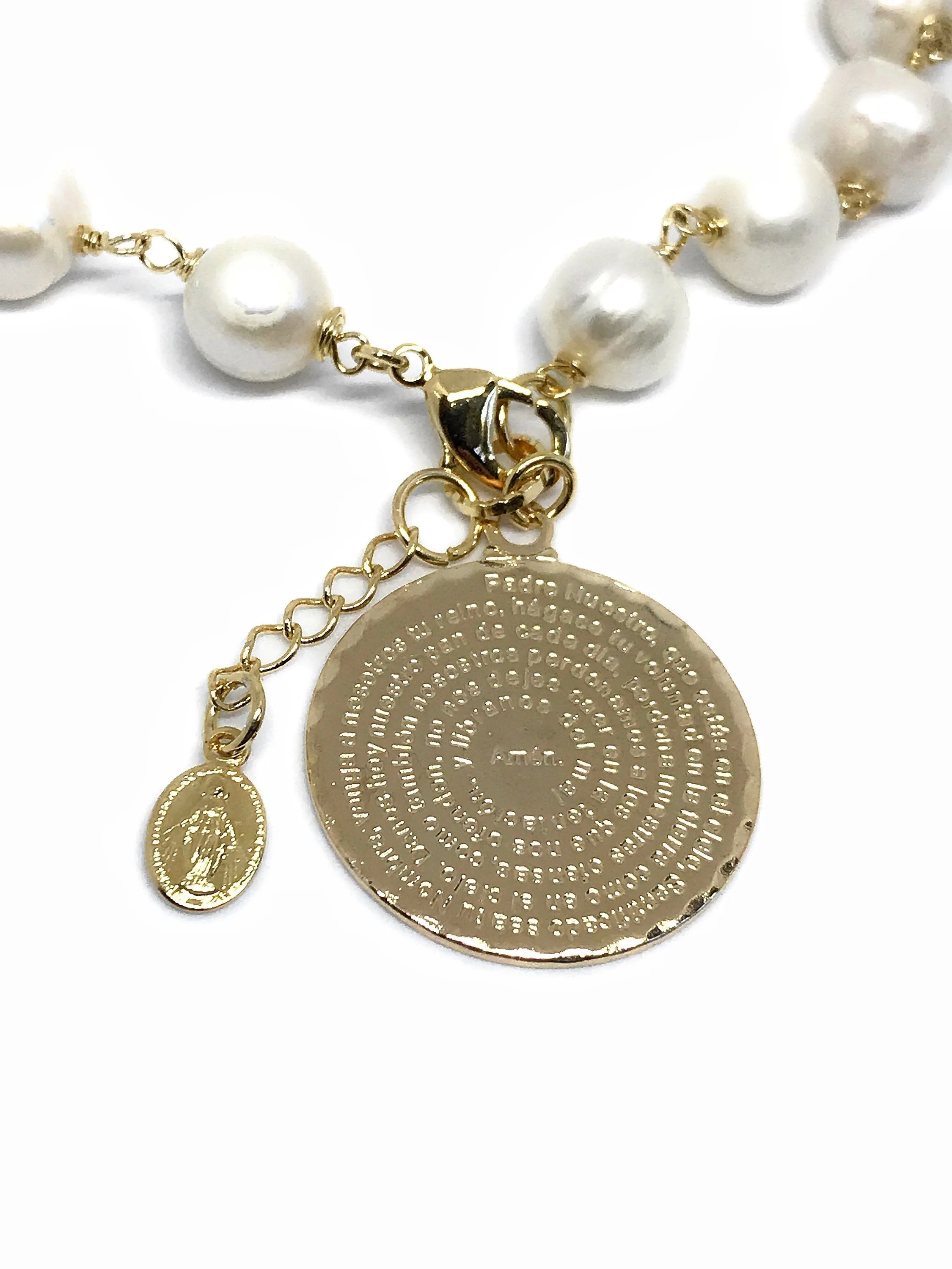 Our Father Prayer Bracelet, Pearls Bracelet gold plated pendant, Lords Prayer, Pulsera Oracion Padre Nuestro, catholic gift, religious medal