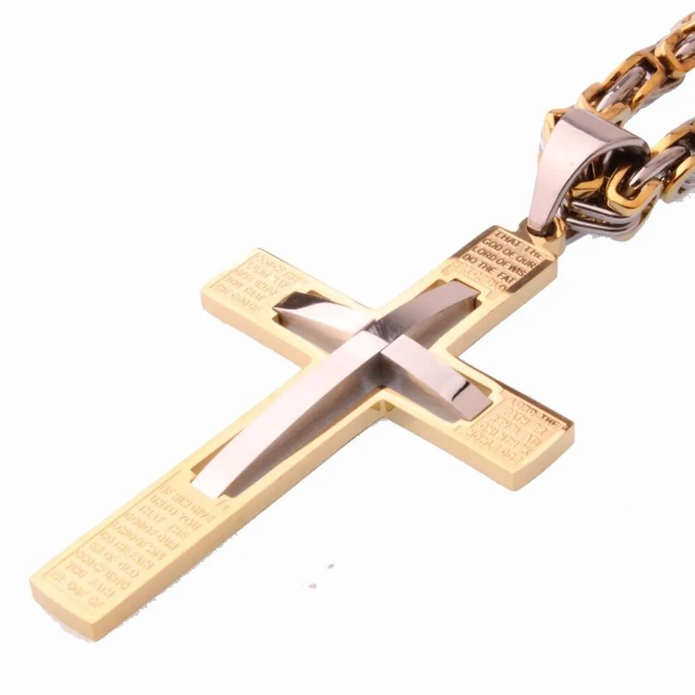 Overlapping Gold and Silver Cross Pendant Necklace with Byzantine Chain