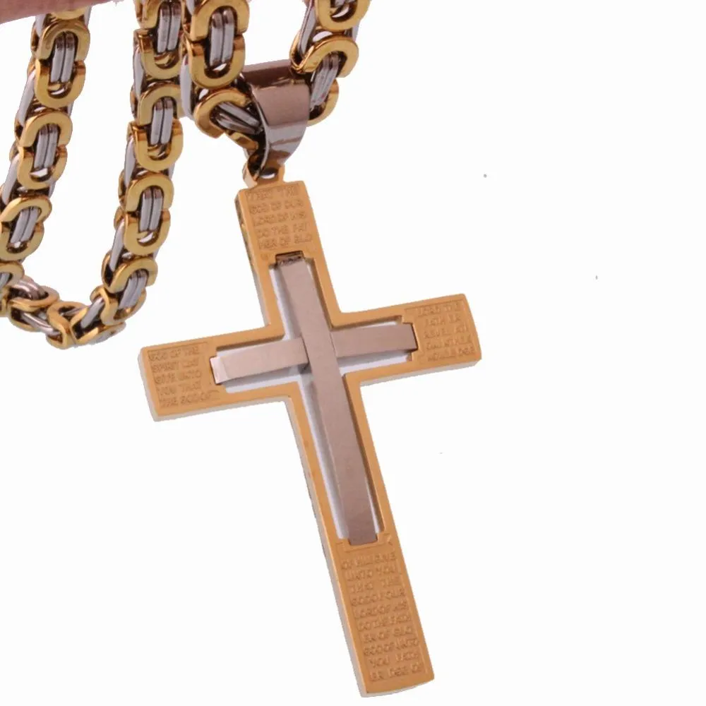 Overlapping Gold and Silver Cross Pendant Necklace with Byzantine Chain