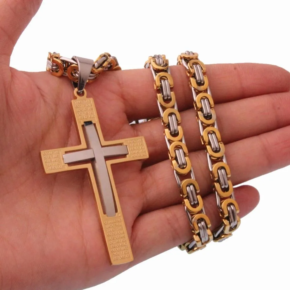 Overlapping Gold and Silver Cross Pendant Necklace with Byzantine Chain