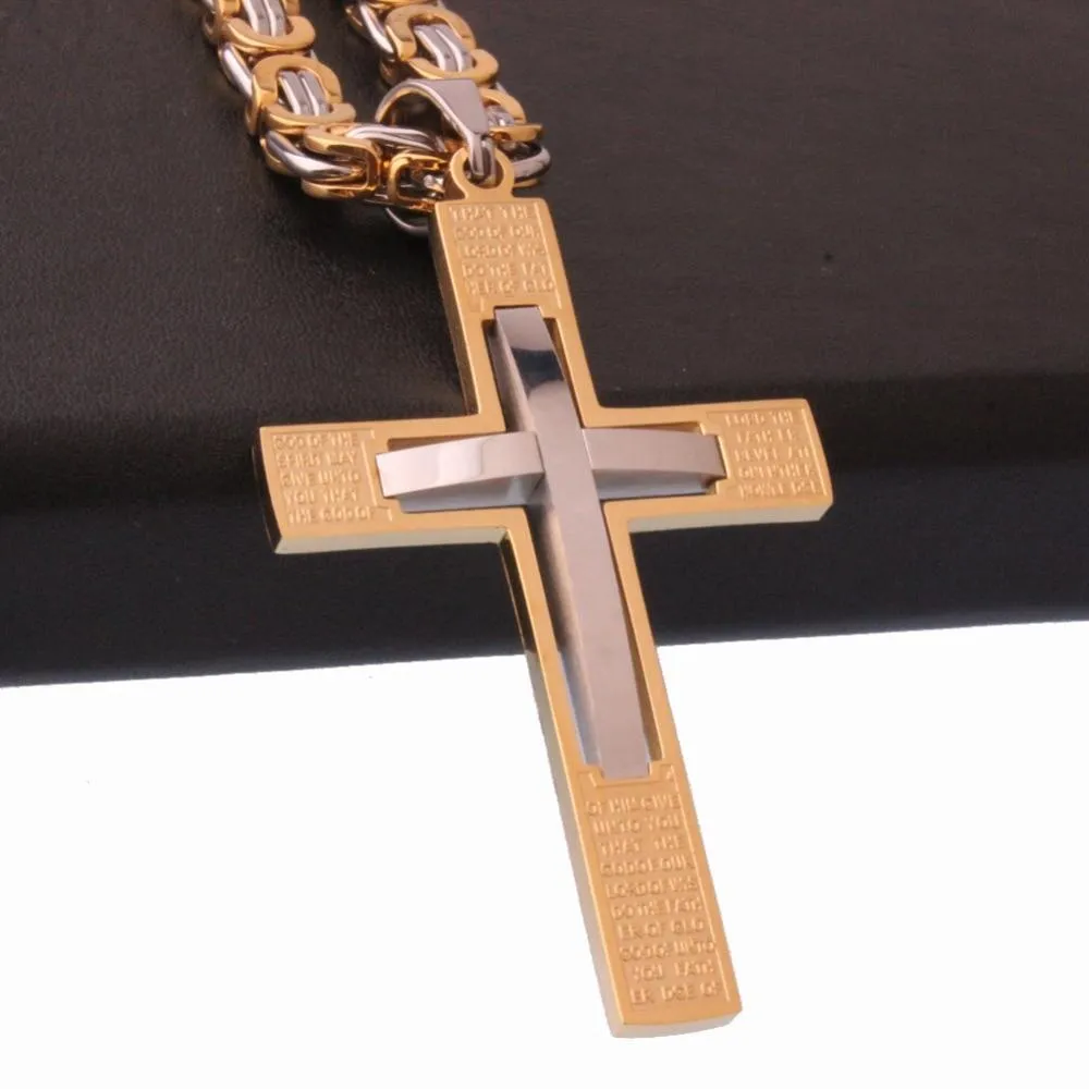 Overlapping Gold and Silver Cross Pendant Necklace with Byzantine Chain