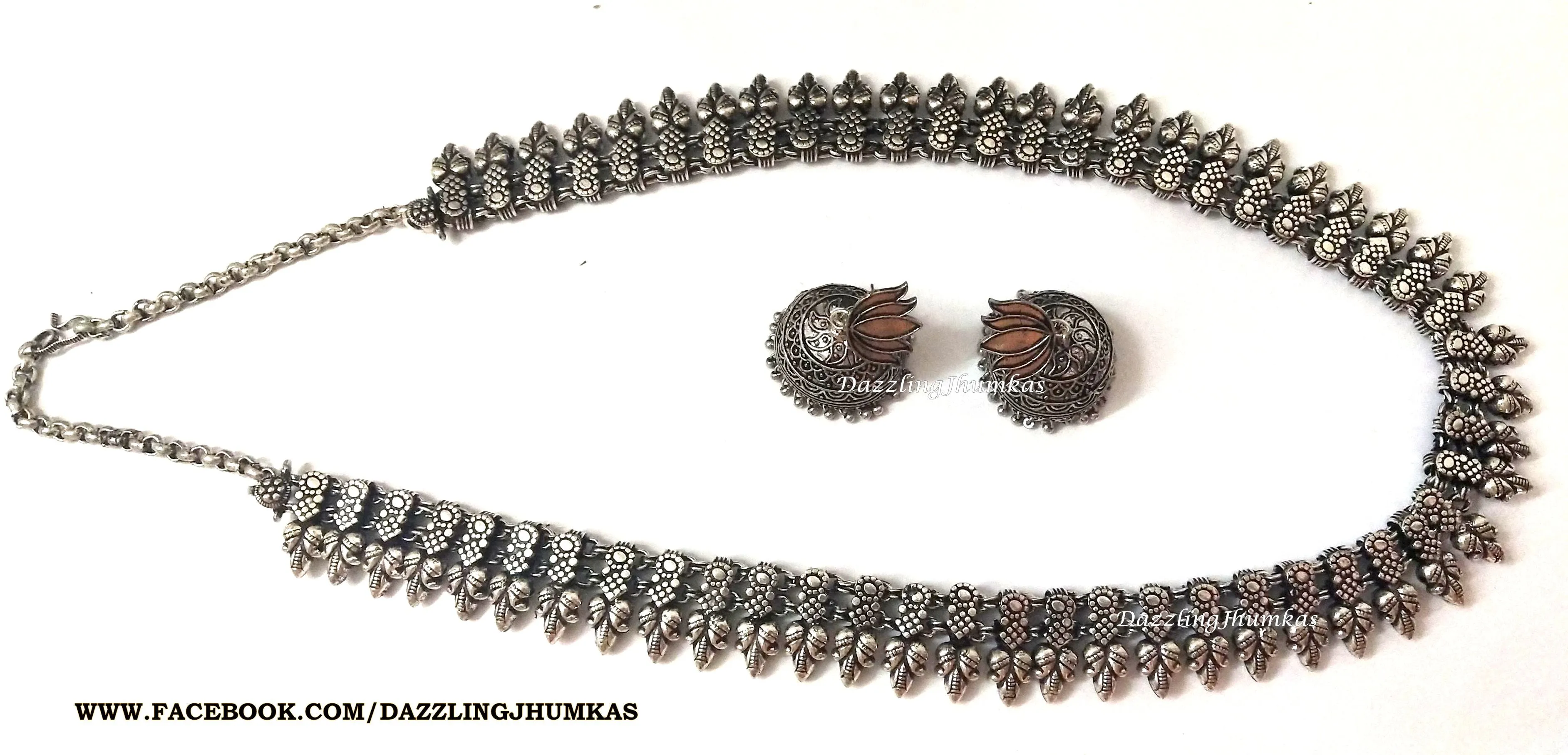 Oxidised German Silver Long haaram Necklace with Earrings Pattern 3 !