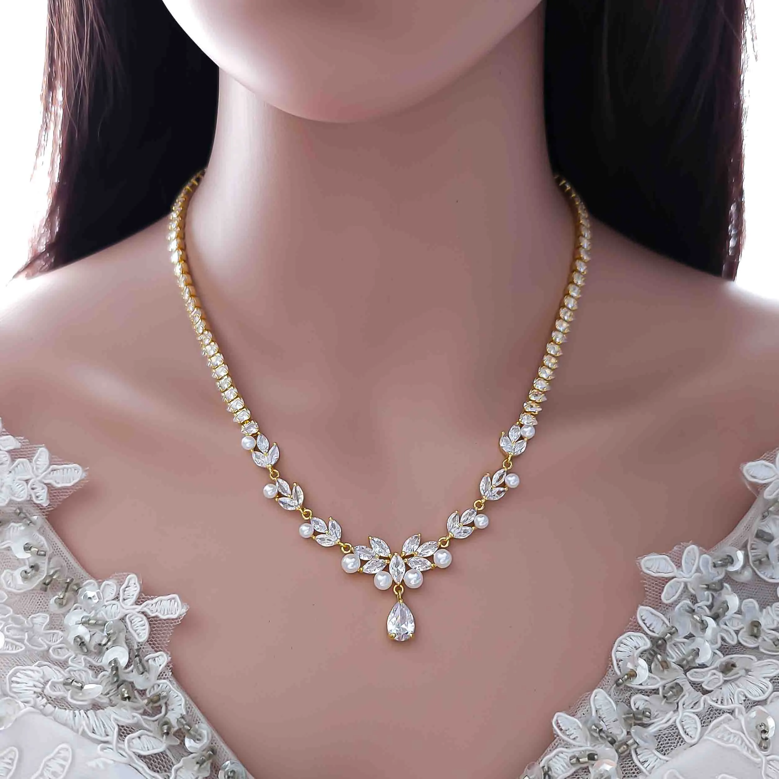 Pearl Wedding Jewelry Set of Necklace and Earrings-Jenna