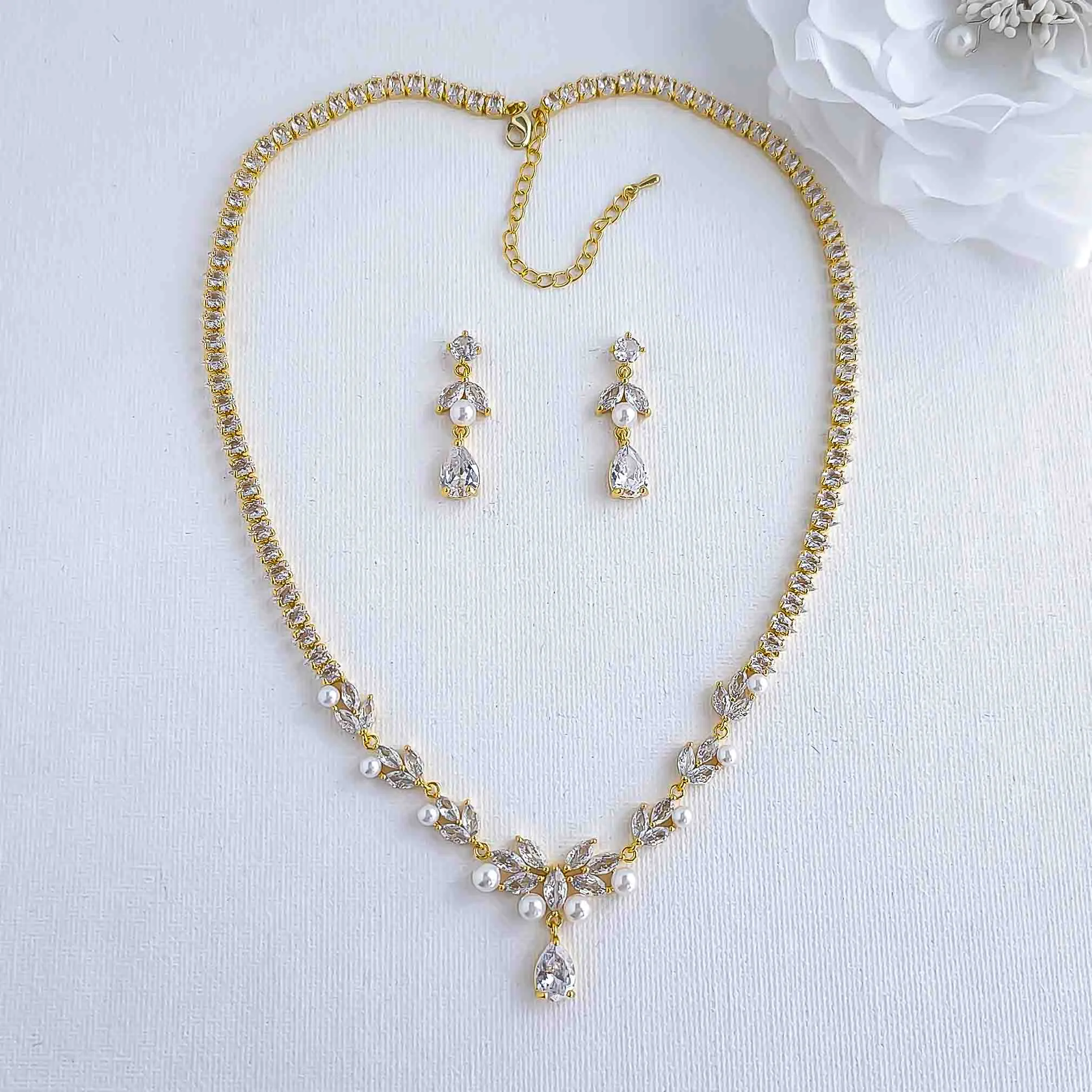 Pearl Wedding Jewelry Set of Necklace and Earrings-Jenna