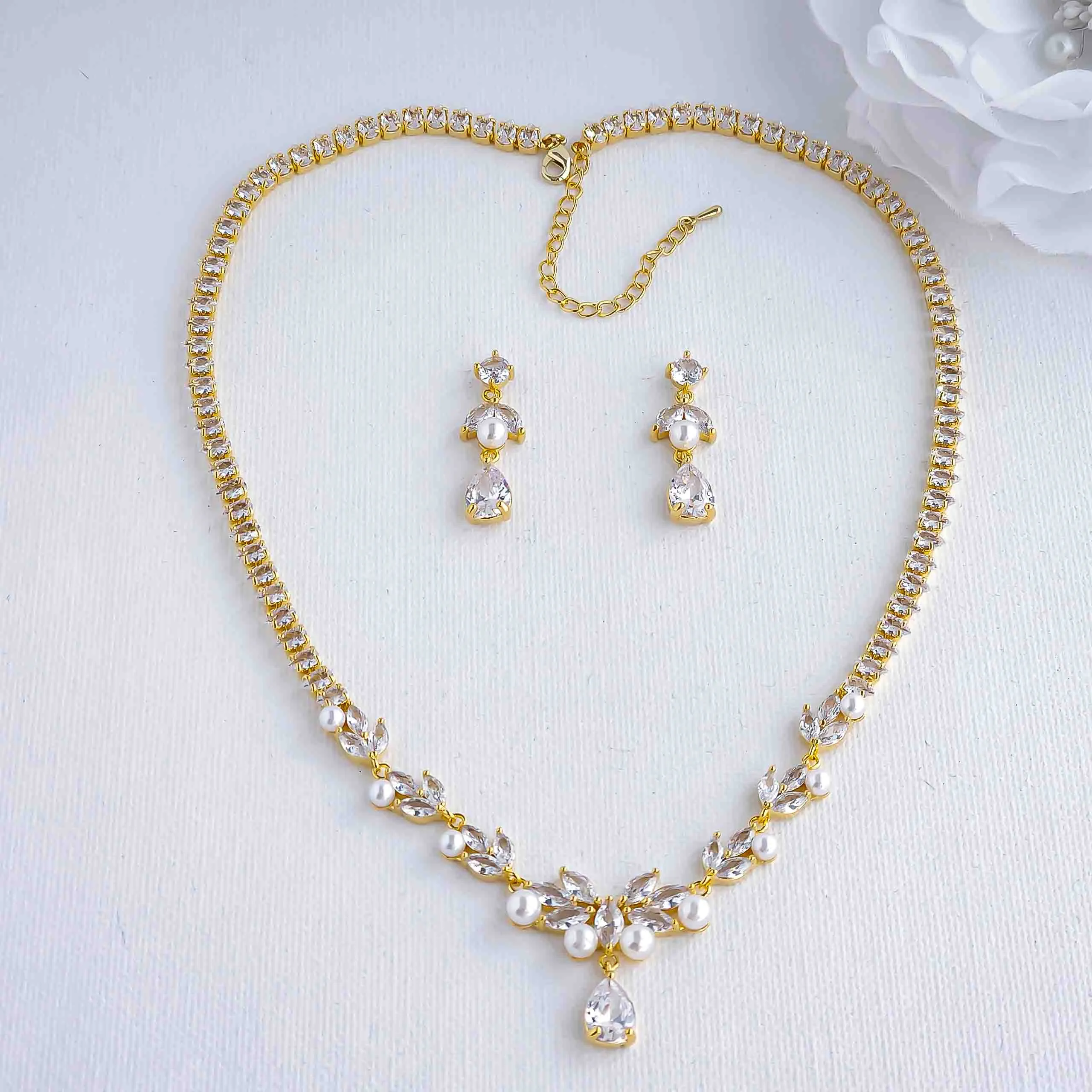 Pearl Wedding Jewelry Set of Necklace and Earrings-Jenna