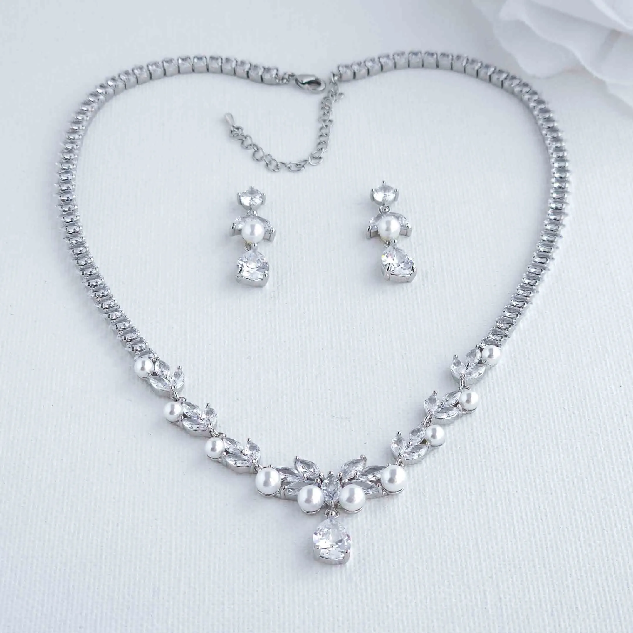 Pearl Wedding Jewelry Set of Necklace and Earrings-Jenna