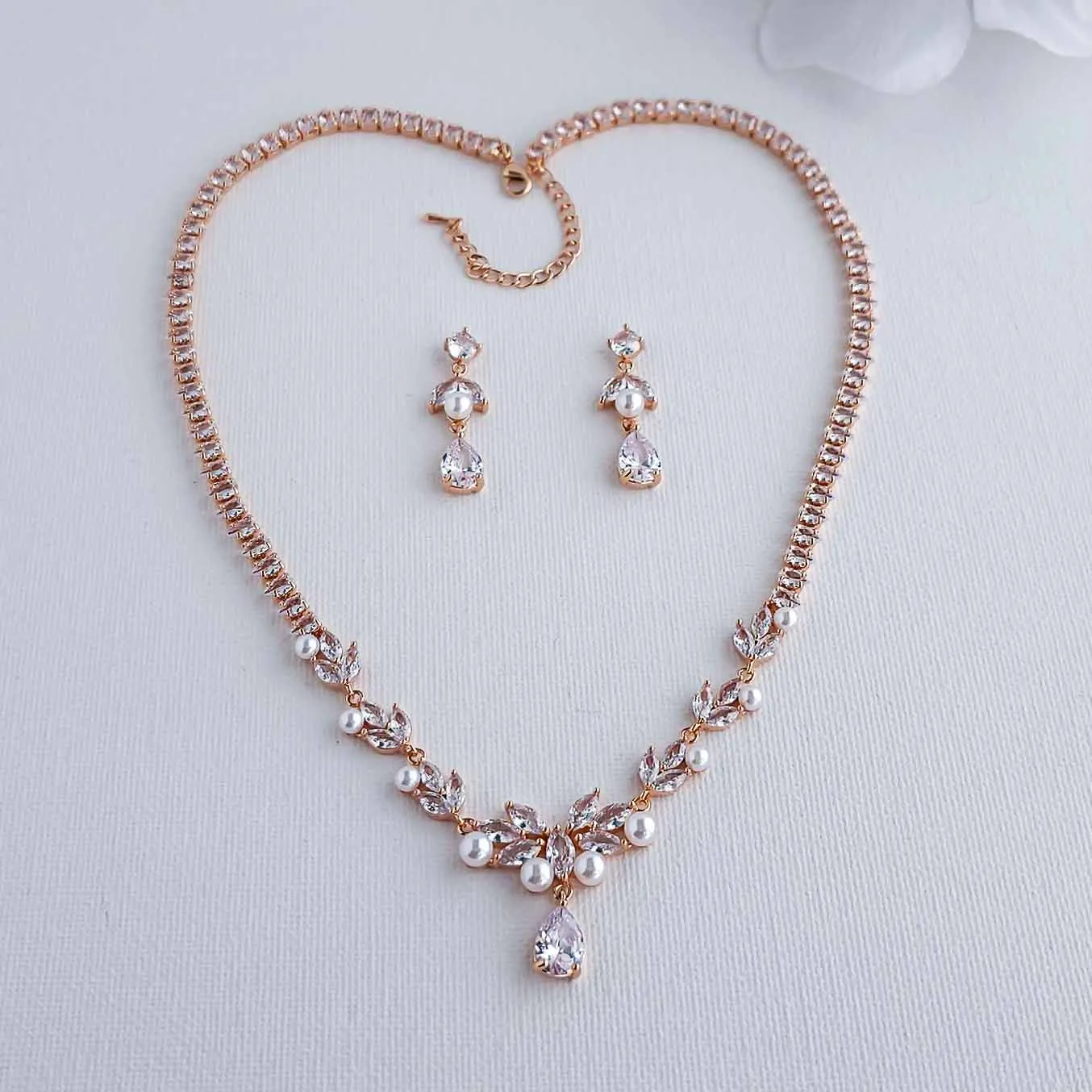 Pearl Wedding Jewelry Set of Necklace and Earrings-Jenna