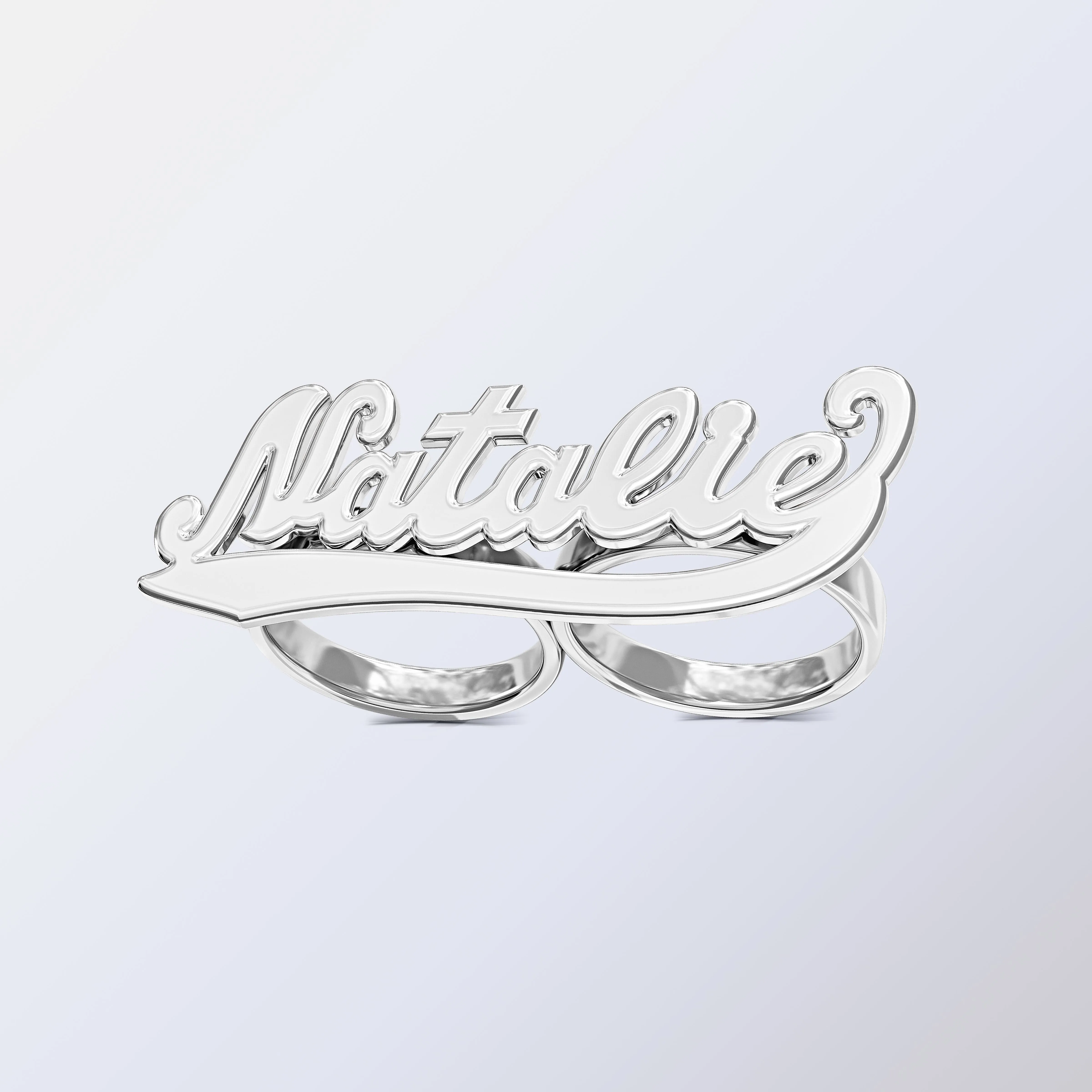 Personalized Two-Finger High Polish Name Ring. With Tail  Natalie