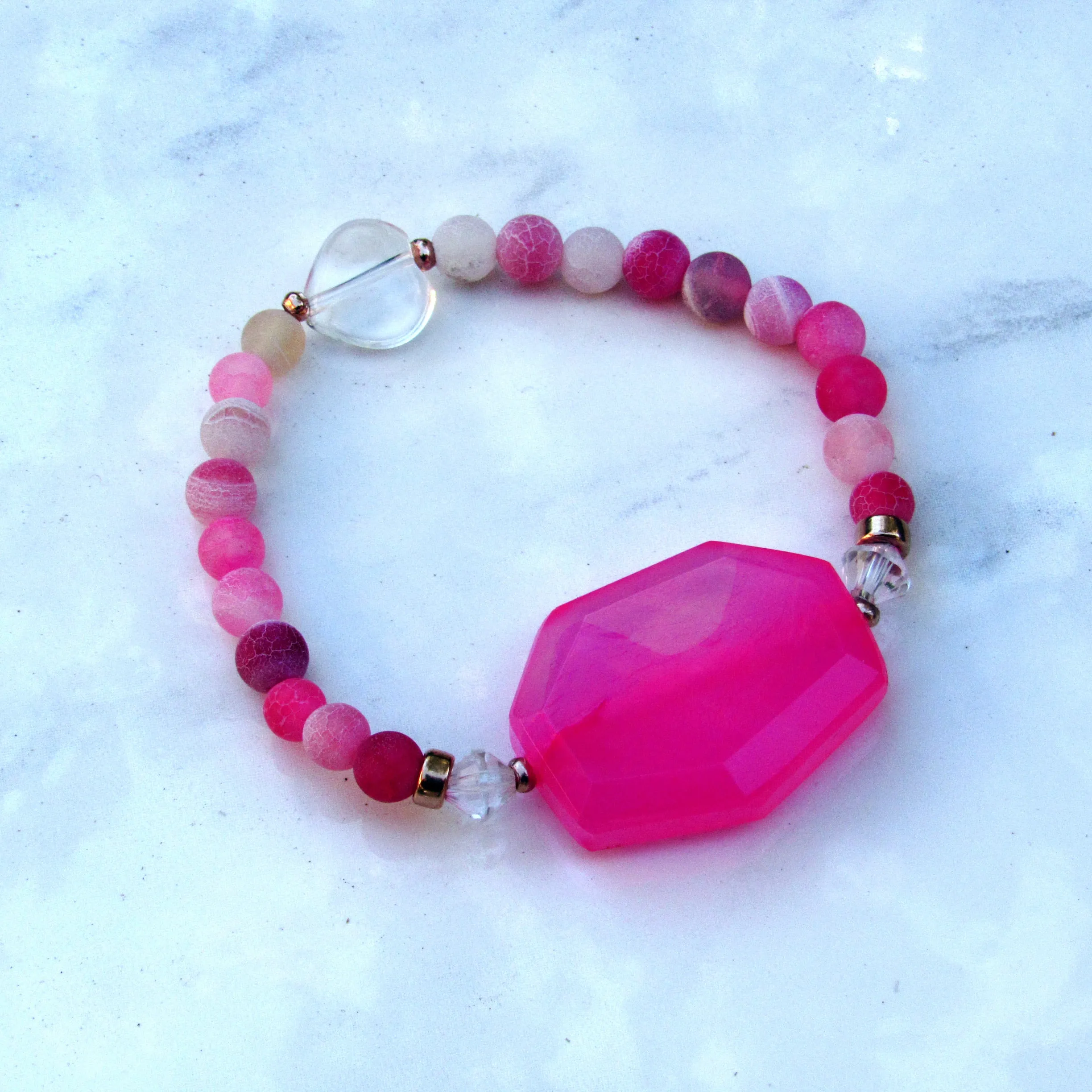 Pink Agates, Clear Quartz Heart, and 14 Kt Rose Gf Stretch Bracelet