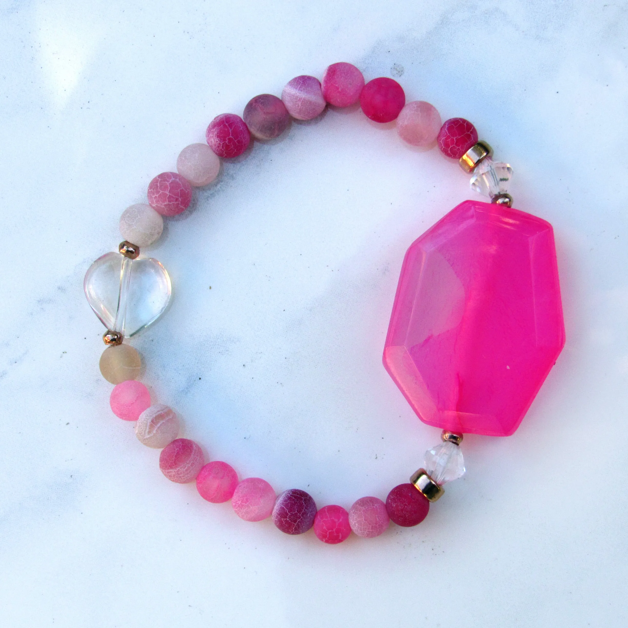 Pink Agates, Clear Quartz Heart, and 14 Kt Rose Gf Stretch Bracelet